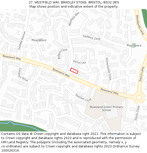 27, WESTFIELD WAY, BRADLEY STOKE, BRISTOL, BS32 0EN: Location map and indicative extent of plot