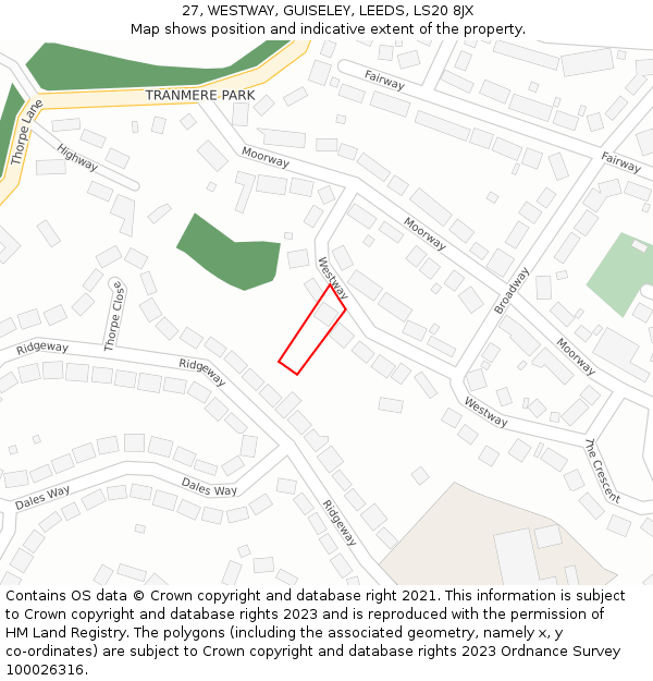 27, WESTWAY, GUISELEY, LEEDS, LS20 8JX: Location map and indicative extent of plot