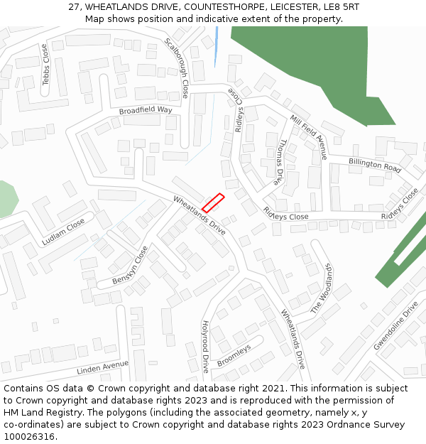 27, WHEATLANDS DRIVE, COUNTESTHORPE, LEICESTER, LE8 5RT: Location map and indicative extent of plot