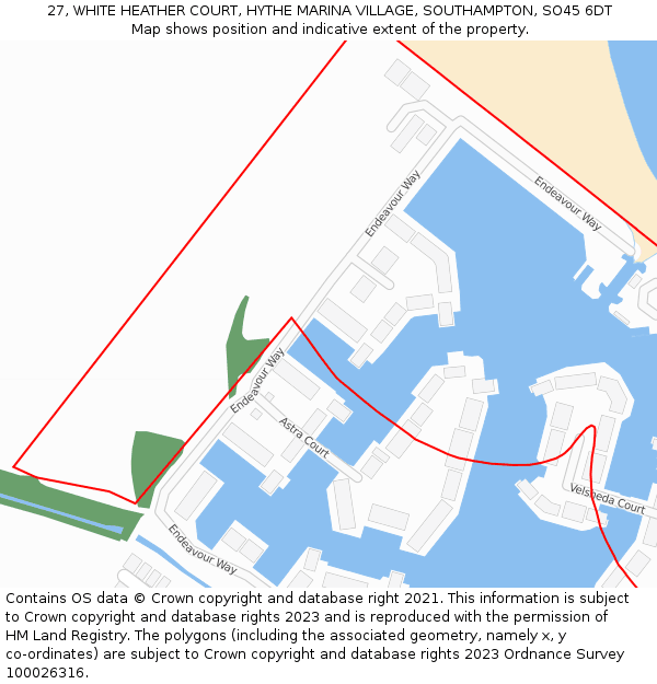 27, WHITE HEATHER COURT, HYTHE MARINA VILLAGE, SOUTHAMPTON, SO45 6DT: Location map and indicative extent of plot