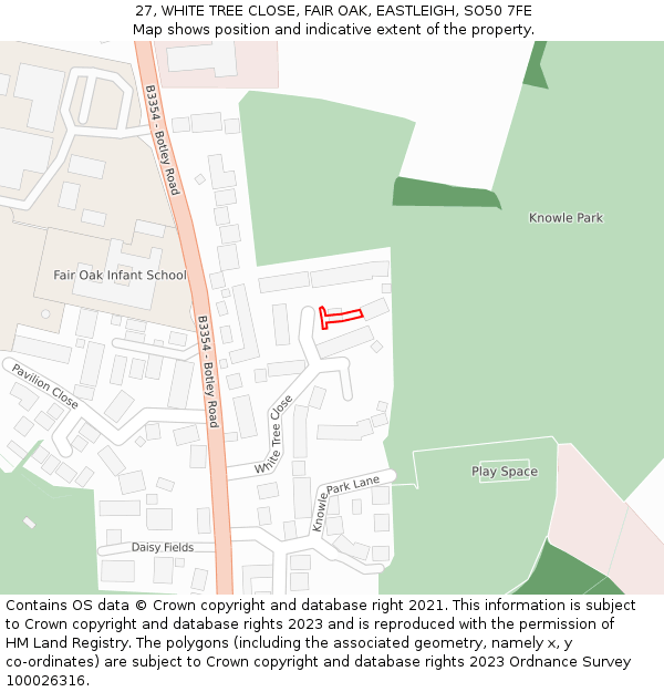 27, WHITE TREE CLOSE, FAIR OAK, EASTLEIGH, SO50 7FE: Location map and indicative extent of plot