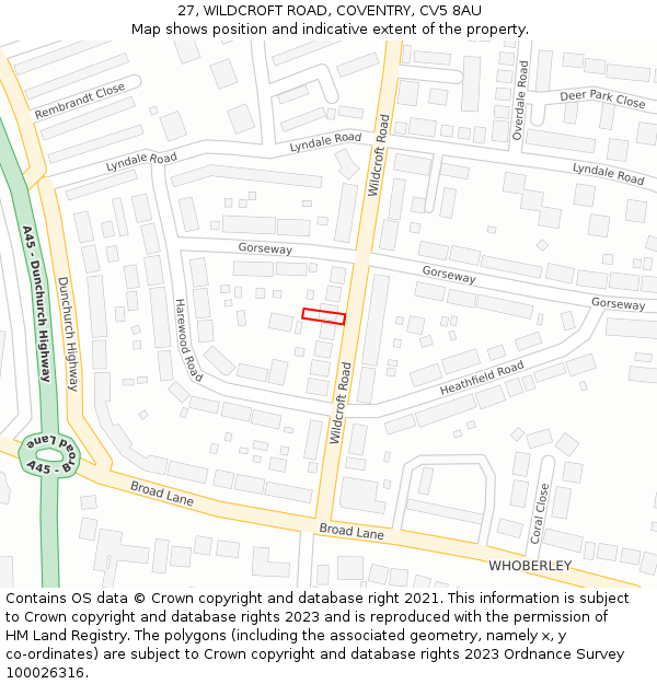 27, WILDCROFT ROAD, COVENTRY, CV5 8AU: Location map and indicative extent of plot