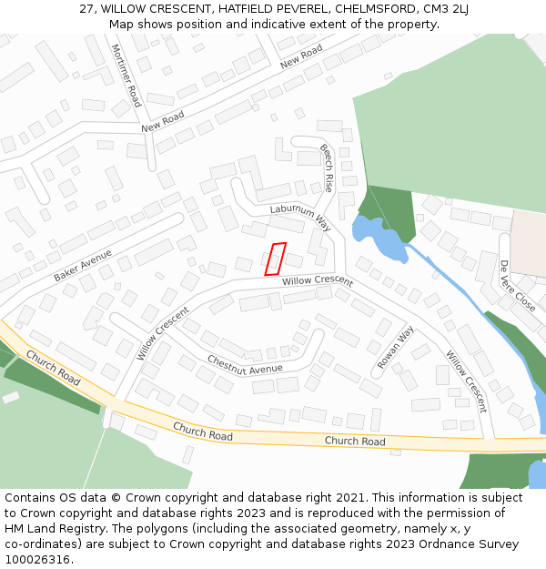 27, WILLOW CRESCENT, HATFIELD PEVEREL, CHELMSFORD, CM3 2LJ: Location map and indicative extent of plot