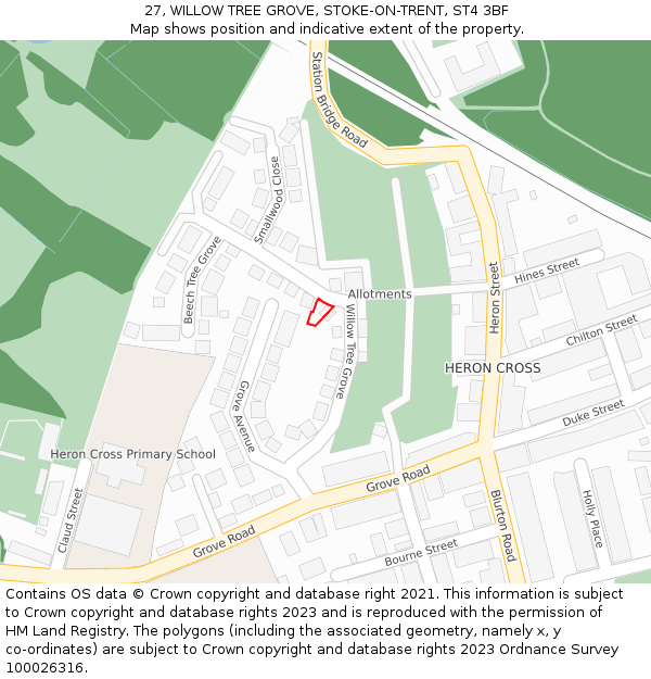 27, WILLOW TREE GROVE, STOKE-ON-TRENT, ST4 3BF: Location map and indicative extent of plot
