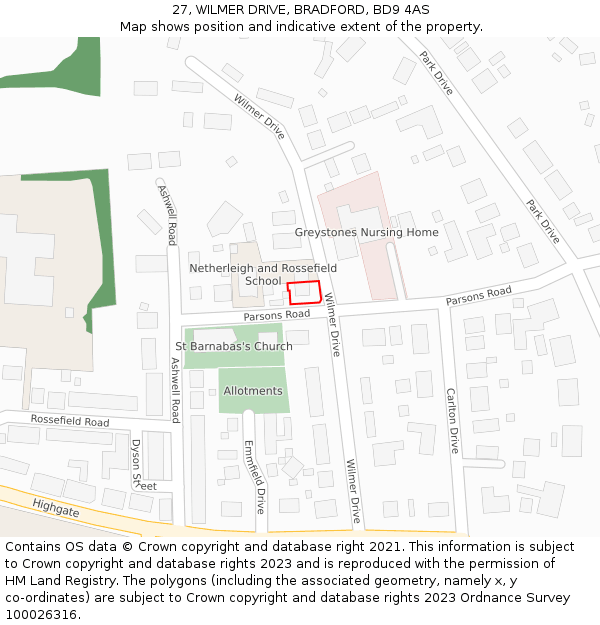 27, WILMER DRIVE, BRADFORD, BD9 4AS: Location map and indicative extent of plot