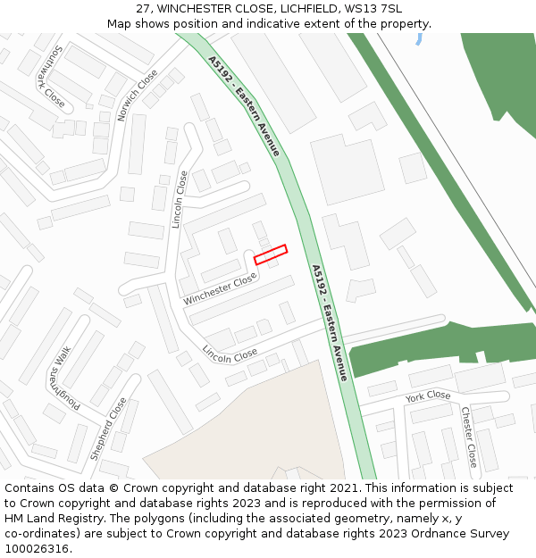 27, WINCHESTER CLOSE, LICHFIELD, WS13 7SL: Location map and indicative extent of plot