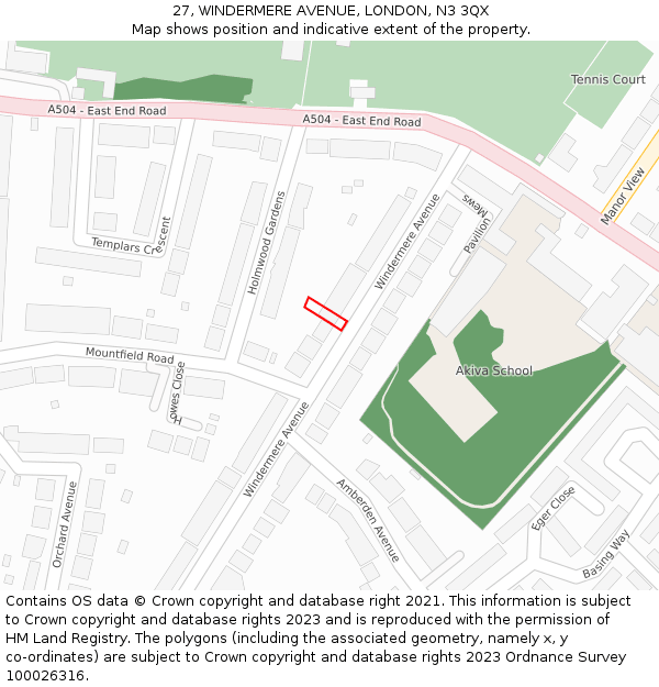 27, WINDERMERE AVENUE, LONDON, N3 3QX: Location map and indicative extent of plot