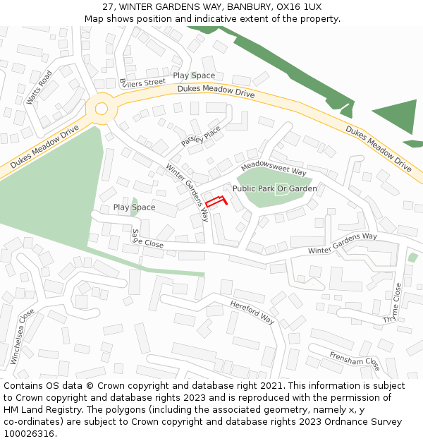 27, WINTER GARDENS WAY, BANBURY, OX16 1UX: Location map and indicative extent of plot