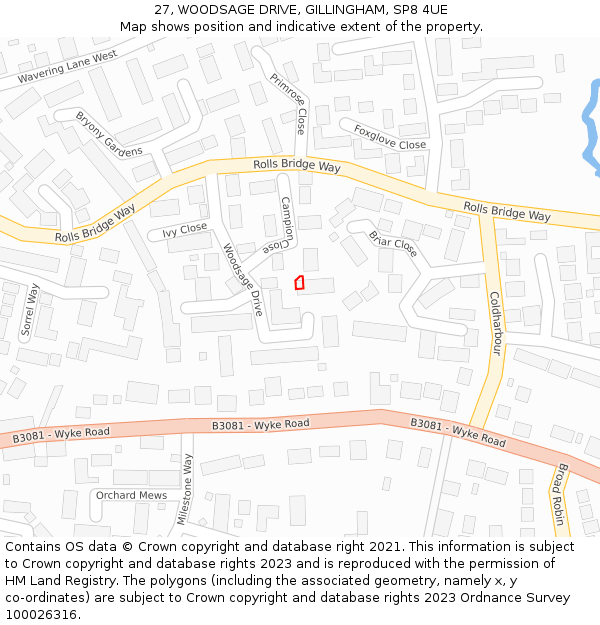 27, WOODSAGE DRIVE, GILLINGHAM, SP8 4UE: Location map and indicative extent of plot