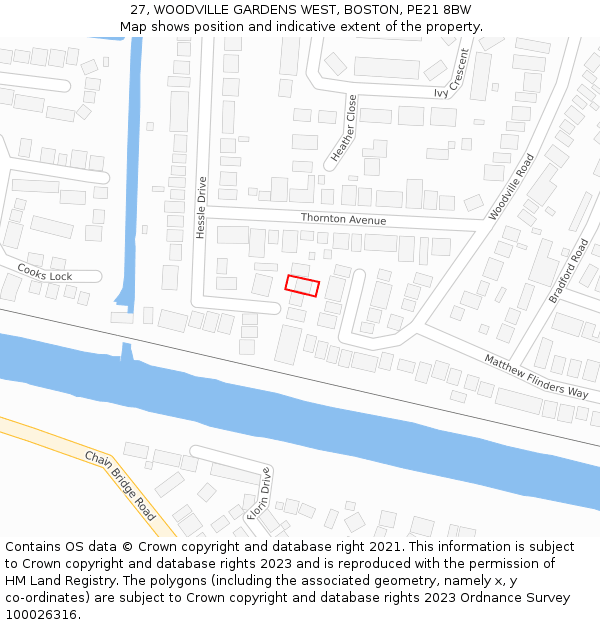 27, WOODVILLE GARDENS WEST, BOSTON, PE21 8BW: Location map and indicative extent of plot