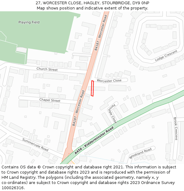 27, WORCESTER CLOSE, HAGLEY, STOURBRIDGE, DY9 0NP: Location map and indicative extent of plot