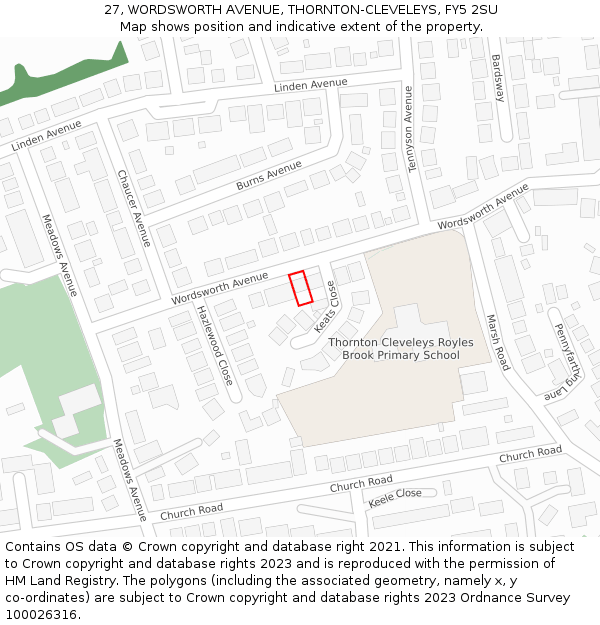 27, WORDSWORTH AVENUE, THORNTON-CLEVELEYS, FY5 2SU: Location map and indicative extent of plot