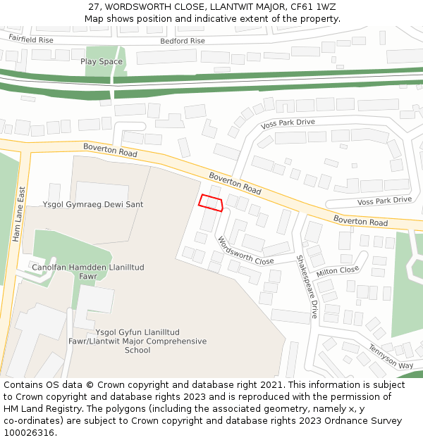 27, WORDSWORTH CLOSE, LLANTWIT MAJOR, CF61 1WZ: Location map and indicative extent of plot
