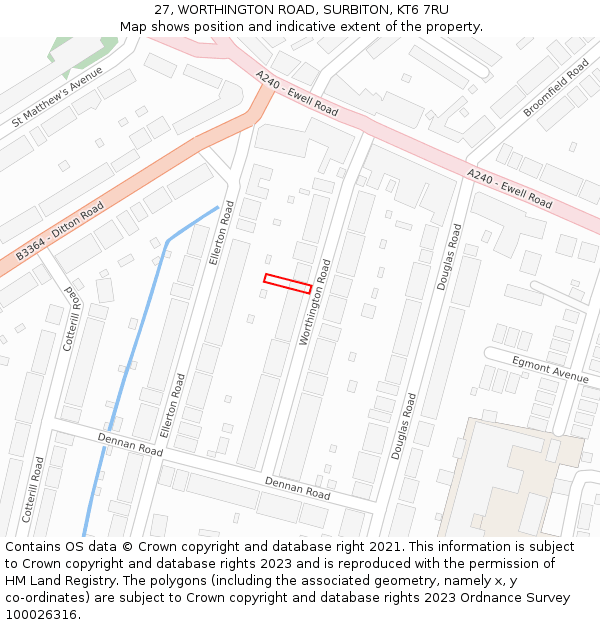 27, WORTHINGTON ROAD, SURBITON, KT6 7RU: Location map and indicative extent of plot