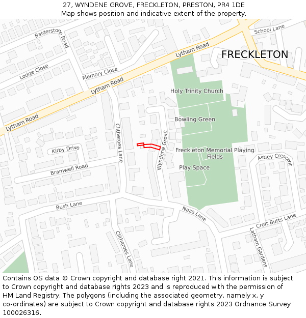27, WYNDENE GROVE, FRECKLETON, PRESTON, PR4 1DE: Location map and indicative extent of plot