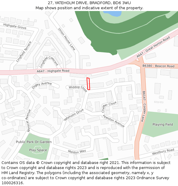 27, YATEHOLM DRIVE, BRADFORD, BD6 3WU: Location map and indicative extent of plot