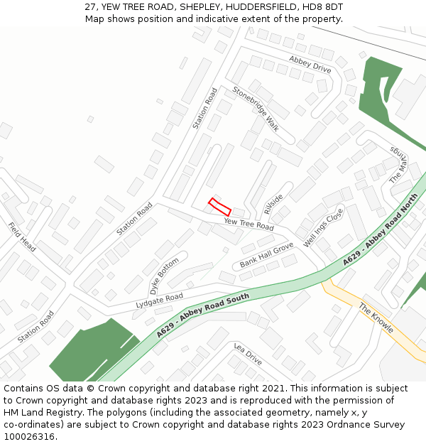 27, YEW TREE ROAD, SHEPLEY, HUDDERSFIELD, HD8 8DT: Location map and indicative extent of plot