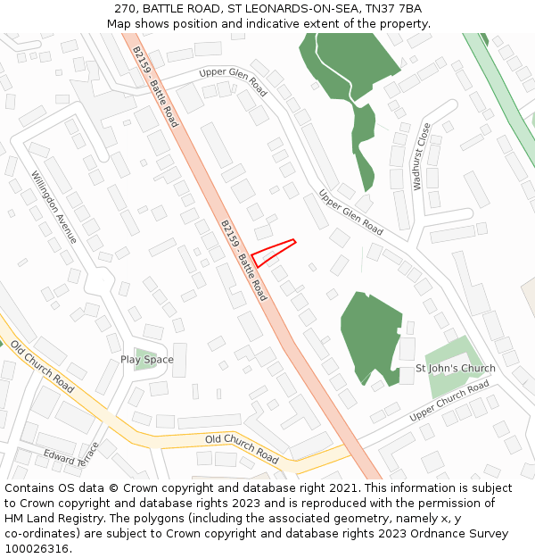 270, BATTLE ROAD, ST LEONARDS-ON-SEA, TN37 7BA: Location map and indicative extent of plot
