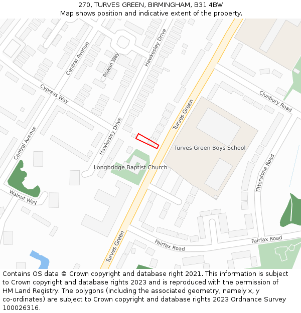 270, TURVES GREEN, BIRMINGHAM, B31 4BW: Location map and indicative extent of plot
