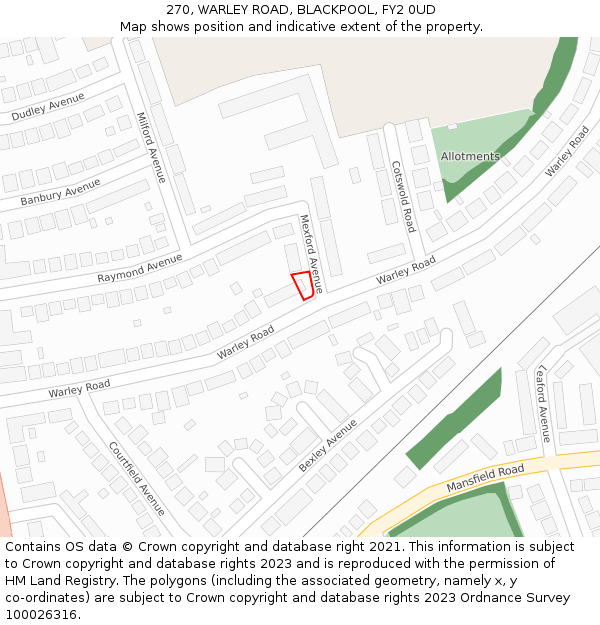 270, WARLEY ROAD, BLACKPOOL, FY2 0UD: Location map and indicative extent of plot