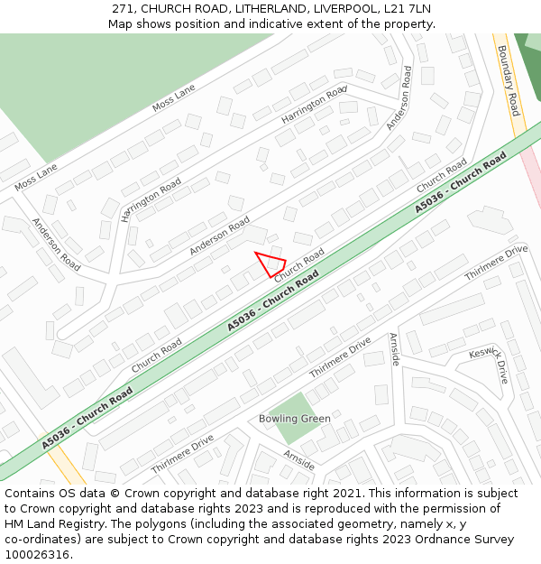 271, CHURCH ROAD, LITHERLAND, LIVERPOOL, L21 7LN: Location map and indicative extent of plot