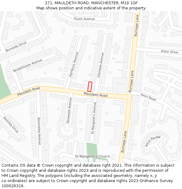 271, MAULDETH ROAD, MANCHESTER, M19 1GF: Location map and indicative extent of plot