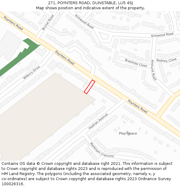 271, POYNTERS ROAD, DUNSTABLE, LU5 4SJ: Location map and indicative extent of plot