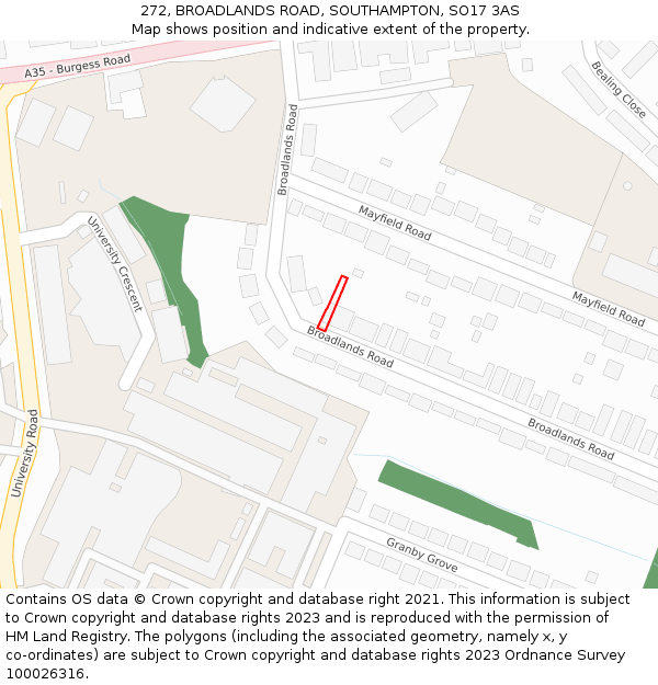 272, BROADLANDS ROAD, SOUTHAMPTON, SO17 3AS: Location map and indicative extent of plot