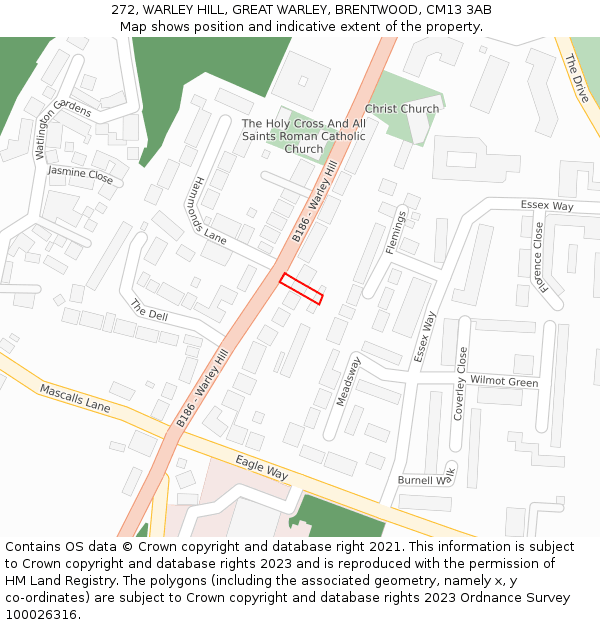 272, WARLEY HILL, GREAT WARLEY, BRENTWOOD, CM13 3AB: Location map and indicative extent of plot