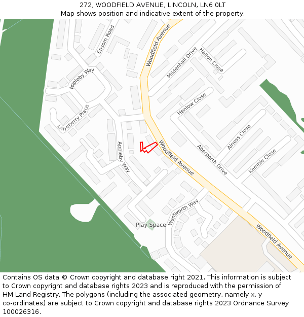 272, WOODFIELD AVENUE, LINCOLN, LN6 0LT: Location map and indicative extent of plot