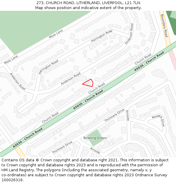 273, CHURCH ROAD, LITHERLAND, LIVERPOOL, L21 7LN: Location map and indicative extent of plot