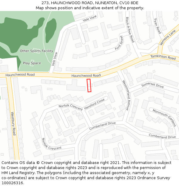 273, HAUNCHWOOD ROAD, NUNEATON, CV10 8DE: Location map and indicative extent of plot