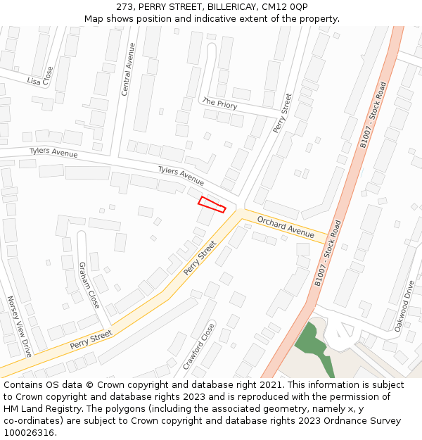 273, PERRY STREET, BILLERICAY, CM12 0QP: Location map and indicative extent of plot