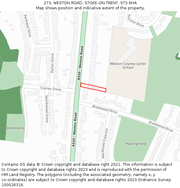 273, WESTON ROAD, STOKE-ON-TRENT, ST3 6HA: Location map and indicative extent of plot