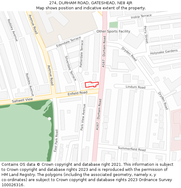 274, DURHAM ROAD, GATESHEAD, NE8 4JR: Location map and indicative extent of plot