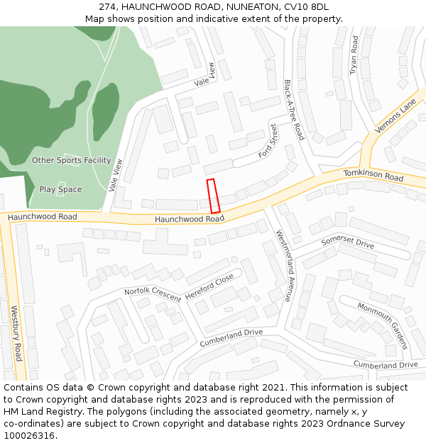 274, HAUNCHWOOD ROAD, NUNEATON, CV10 8DL: Location map and indicative extent of plot