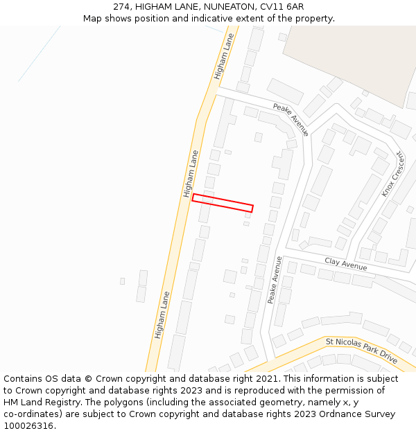 274, HIGHAM LANE, NUNEATON, CV11 6AR: Location map and indicative extent of plot