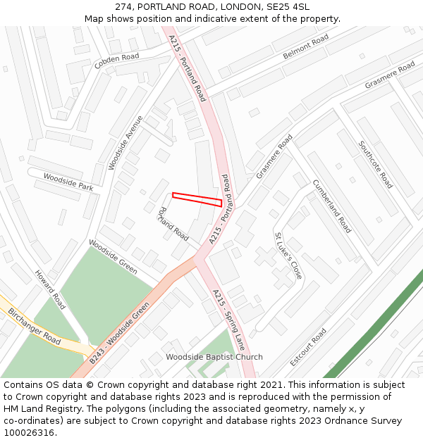 274, PORTLAND ROAD, LONDON, SE25 4SL: Location map and indicative extent of plot