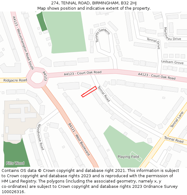 274, TENNAL ROAD, BIRMINGHAM, B32 2HJ: Location map and indicative extent of plot