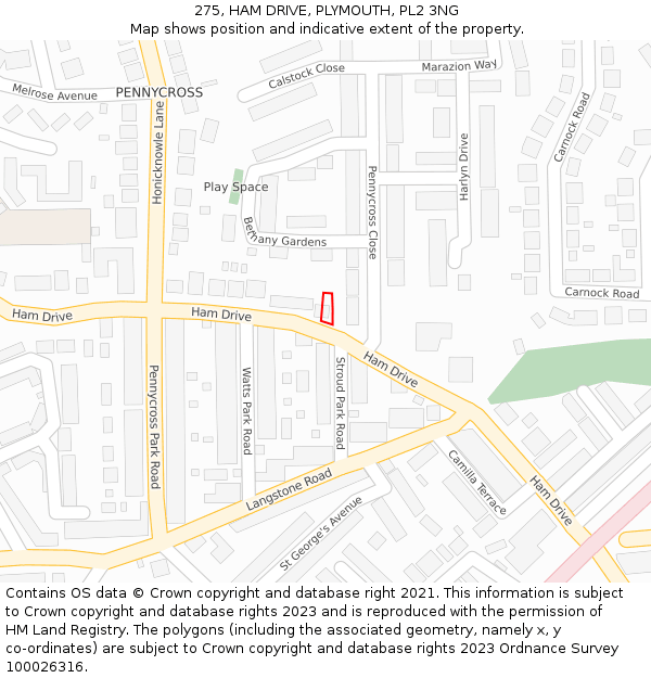 275, HAM DRIVE, PLYMOUTH, PL2 3NG: Location map and indicative extent of plot