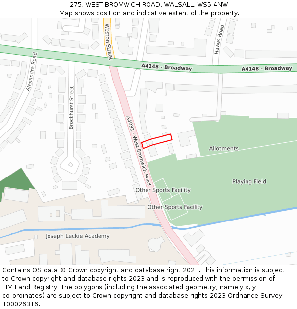 275, WEST BROMWICH ROAD, WALSALL, WS5 4NW: Location map and indicative extent of plot
