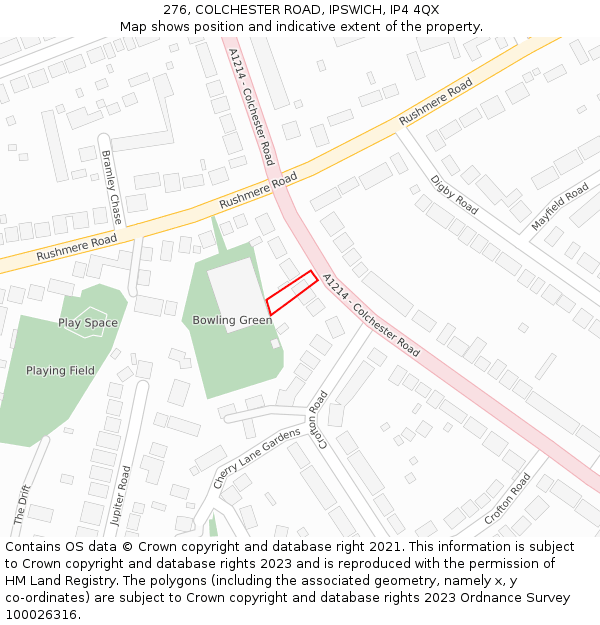 276, COLCHESTER ROAD, IPSWICH, IP4 4QX: Location map and indicative extent of plot