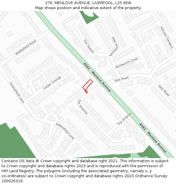 276, MENLOVE AVENUE, LIVERPOOL, L25 6EW: Location map and indicative extent of plot