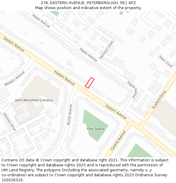 278, EASTERN AVENUE, PETERBOROUGH, PE1 4PZ: Location map and indicative extent of plot
