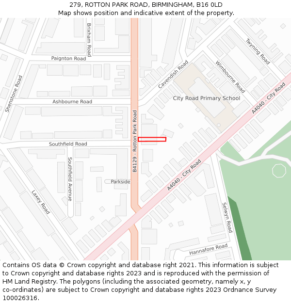 279, ROTTON PARK ROAD, BIRMINGHAM, B16 0LD: Location map and indicative extent of plot