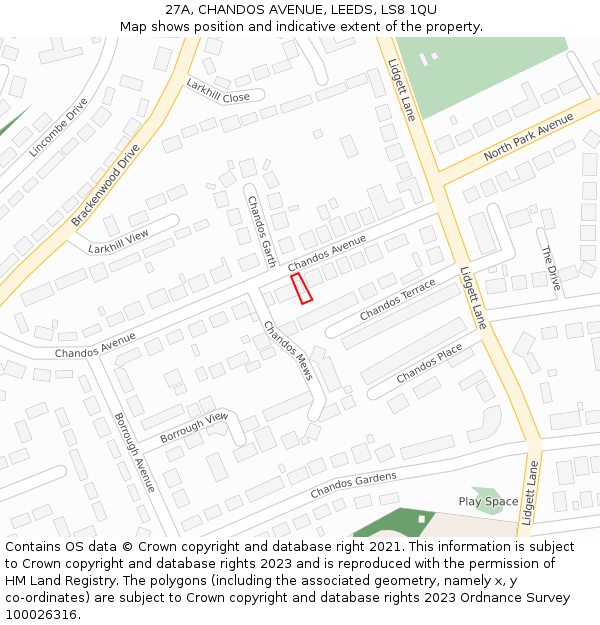27A, CHANDOS AVENUE, LEEDS, LS8 1QU: Location map and indicative extent of plot