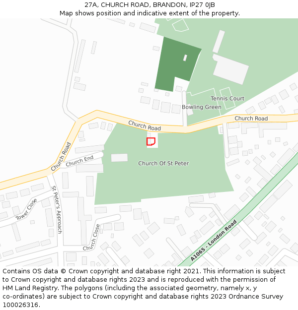 27A, CHURCH ROAD, BRANDON, IP27 0JB: Location map and indicative extent of plot