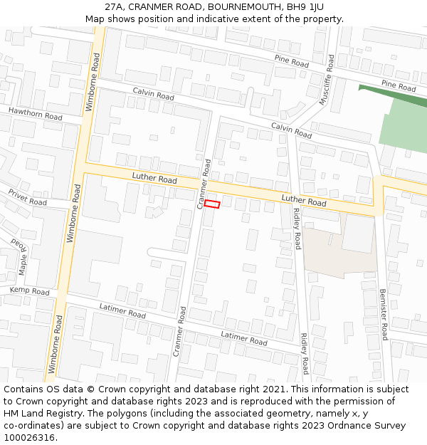 27A, CRANMER ROAD, BOURNEMOUTH, BH9 1JU: Location map and indicative extent of plot