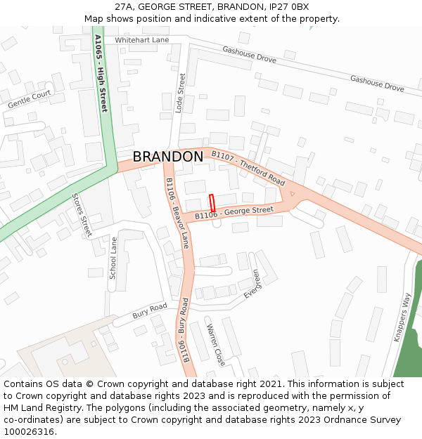 27A, GEORGE STREET, BRANDON, IP27 0BX: Location map and indicative extent of plot