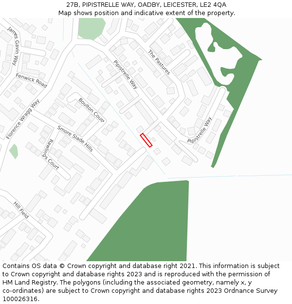 27B, PIPISTRELLE WAY, OADBY, LEICESTER, LE2 4QA: Location map and indicative extent of plot
